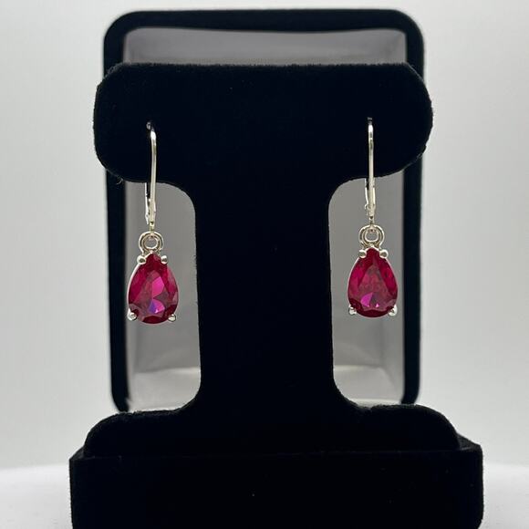 Beautiful 5ctw Pear Cut Ruby Earrings in Sterling Silver Drop Dangle Leverback - Picture 4 of 6